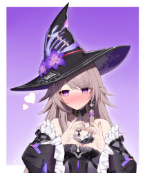 1girl absurdres bare_shoulders blush border breasts brown_hair commentary detached_sleeves hat heart heart_hands herta_(honkai:_star_rail) highres honkai:_star_rail honkai_(series) jewelry key key_necklace long_hair looking_to_the_side muou necklace purple_background purple_eyes small_breasts solo sweatdrop symbol-only_commentary the_herta_(honkai:_star_rail) upper_body white_border witch_hat