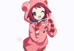 Rule 34 | 1girl, cowboy shot, fingerless gloves, gloves, green eyes, heart, heart hands, hood, hood up, hoodie, kaidou zx, mega man (series), mega man star force (series), musical note, musical note print, one eye closed, open mouth, pink hoodie, print hoodie, red gloves, red hair, simple background, solo, sonia strumm (mega man), teeth, upper teeth only, white background