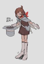 1girl ace_attorney bad_id bad_pixiv_id black_dress blue_cape blue_eyes blue_hat boots brown_hair cape dress gloves hat red_scarf rooom38 scarf solo trucy_wright white_boots white_gloves