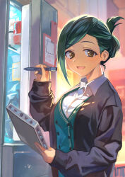 Rule 34 | 1girl, :d, black cardigan, breasts, brown eyes, cardigan, dress shirt, green hair, green vest, hair bun, hand up, highres, holding, holding pen, idolmaster, idolmaster shiny colors, looking at viewer, medium breasts, nanakusa hazuki, open cardigan, open clothes, open mouth, otsudou, pen, refrigerator, shirt, short hair, single hair bun, smile, solo, swept bangs, upper body, vest, white shirt