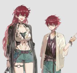 1boy 1girl belt bracelet breasts brother_and_sister choker cleavage denim denim_shorts earrings hair_between_eyes jeans jewelry large_breasts long_hair long_sleeves midriff navel necklace open_clothes open_mouth original pants pointing qyzhiaiyisheng red_eyes shirt short_hair shorts siblings simple_background smile strap yellow_eyes