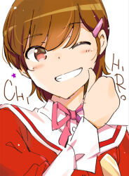Rule 34 | 1girl, brown hair, hair ornament, hairpin, happy birthday, kami nomi zo shiru sekai, kosaka chihiro, looking at viewer, official art, one eye closed, school uniform, short hair, simple background, solo, tagme, wakaki tamiki, white background