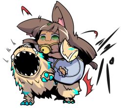 Rule 34 | 1girl, :3, animal ears, bell, blunt bangs, brown hair, cat ears, cat girl, commentary request, dark-skinned female, dark skin, dragon fruit, full body, green eyes, grey pants, jingle bell, lizard, long hair, open mouth, pain, pants, ragnarok iris, ragnarok online, sharp teeth, simple background, solo, summoner (ragnarok online), teeth, white background
