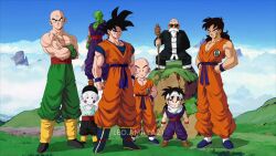 chaozu cloud cloudy_sky dragon_ball kuririn looking_at_viewer multiple_boys muscular muscular_male muten_roushi piccolo sky son_gohan son_goku tenshinhan yamcha