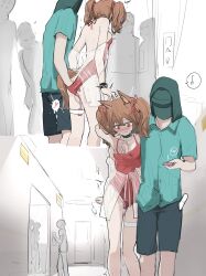 1boy 1girl absurdres alternate_costume angelina_(arknights) angelina_(summer_flower)_(arknights) animal_ears aqua_shirt arknights ass black_collar blush breasts brown_hair casual_one-piece_swimsuit chikan collar doctor_(arknights) elevator faceless fingering fox_ears fox_girl fox_tail grabbing_another&#039;s_breast groping hair_ribbon hand_under_clothes hand_under_swimsuit heart hetero highres hood hood_up indoors infection_monitor_(arknights) jewelry looking_down molestation necklace official_alternate_costume one-piece_swimsuit orange_eyes red_one-piece_swimsuit red_ribbon remote_control_vibrator ribbon sex_toy shirt spaghetti_strap swimsuit swimsuit_cover-up tail trembling twintails vibrator vibrator_in_thigh_strap vibrator_under_clothes whate=3r