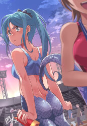 2girls arms_at_sides back blue_hair blush bottle breasts brown_hair check_copyright cloud cloudy_sky commission copyright_request from_behind frown highres holding holding_bottle lamia long_hair looking_at_another looking_back medium_breasts monster_girl multiple_girls nikulas_cage open_mouth original pixiv_commission ponytail short_hair signature sky small_breasts sports_bikini sports_bra stadium sunset tears track_and_field track_uniform