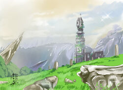 artist_name blue_sky cloud cloudy_sky commentary_request dated namirokami no_humans original ruins scenery signature sky sparkle tower