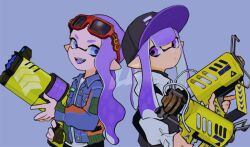 Rule 34 | 2girls, baseball cap, black hat, black hoodie, blue eyes, blue jacket, closed mouth, colored tongue, commentary, dual wielding, eyewear on head, glooga dualies (splatoon), green jacket, hat, hero shot (splatoon 3), holding, holding weapon, hood, hood down, hoodie, imaikuy0, inkling, inkling girl, inkling player character, jacket, long hair, long sleeves, multicolored jacket, multiple girls, nintendo, open mouth, orange jacket, pointy ears, purple background, purple hair, purple pupils, purple tongue, red-framed eyewear, shirt, splatoon (series), splatoon 3, sunglasses, symbol-only commentary, tentacle hair, two-sided fabric, two-sided headwear, two-tone hoodie, weapon, white hoodie, white shirt