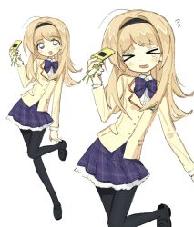 Rule 34 | &gt; &lt;, 1girl, ahoge, black hairband, black pantyhose, blazer, blonde hair, blush, bow, cellphone, chaos;head, flip phone, full body, hairband, highres, holding, holding phone, jacket, loafers, long hair, mota (motaberrie), multiple views, nishijou nanami, open mouth, pantyhose, phone, plaid bow, plaid clothes, plaid skirt, pleated skirt, purple eyes, school uniform, science adventure, shoes, skinny, skirt, suimei school uniform, white background