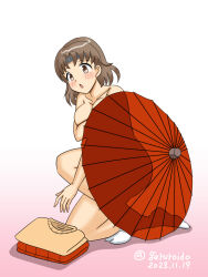 1girl brown_eyes brown_hair chestnut_mouth chiyoda_(kancolle) covering_breasts covering_privates dated geru gradient_background headband kantai_collection nude oil-paper_umbrella short_hair socks solo tabi twitter_username umbrella unworn_clothes white_background white_socks