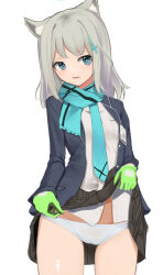 Rule 34 | 1girl, absurdres, akinoji (akiponpon27), animal ear fluff, animal ears, blazer, blue archive, blue eyes, blue jacket, blue necktie, blue scarf, blush, bright pupils, clothes lift, commentary request, cross hair ornament, gloves, green gloves, grey hair, grey skirt, hair ornament, highres, jacket, looking at viewer, mismatched pupils, necktie, open clothes, open jacket, panties, plaid clothes, plaid skirt, scarf, shiroko (blue archive), shirt, simple background, skirt, skirt lift, solo, underwear, white background, white panties, white pupils, white shirt, wolf ears