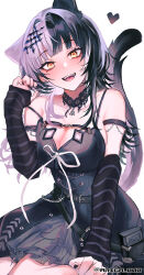 Rule 34 | 1girl, animal ears, ariga 000, arm strap, arm warmers, bare shoulders, black arm warmers, black choker, black dress, black hair, black nails, black skirt, breasts, cat ears, cat tail, choker, choppy bangs, claw pose, cleavage, dress, fangs, hair ornament, heart, highres, hololive, hololive english, large breasts, layered dress, long hair, looking at viewer, multicolored hair, shiori novella, shiori novella (1st costume), skirt, smile, solo, split-color hair, tail, twitter username, virtual youtuber, white hair, yellow eyes