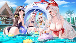 4girls absurdres animal animal_ears ass azur_lane ball bare_shoulders beachball bikini bird black_hair blue_sky blush braid breasts brown_eyes cleavage cloud cloudy_sky collarbone cup day diving_mask diving_mask_on_head drinking_straw fake_animal_ears fingernails flower food fork goggles goggles_on_head hair_flower hair_ornament hair_scrunchie hairband hibiscus highres holding holding_fork holding_spoon horns kazagumo_(azur_lane) kazagumo_(placid_waves_passionate_heart)_(azur_lane) large_breasts long_hair looking_at_viewer looking_back macaron manjuu_(azur_lane) mo_xiaoxue multiple_girls noshiro_(azur_lane) noshiro_(unwinding_in_the_sunshine)_(azur_lane) official_alternate_costume official_art one-piece_swimsuit one_eye_closed open_mouth outdoors partially_submerged pool prinz_heinrich_(azur_lane) prinz_heinrich_(rabbit_on_watch)_(azur_lane) pudding rabbit_ears red_eyes scrunchie shimakaze_(azur_lane) shimakaze_(the_island_wind_rests)_(azur_lane) sitting sky spoon swimsuit thighs tiered_tray twin_braids very_long_hair visor_cap water water_drop watermark weibo_watermark wet white_hair