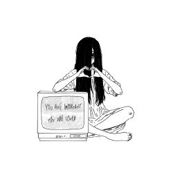1girl artist_name bags_under_eyes barefoot black_hair black_nails commentary crossed_legs crt dress english_text full_body ghost ghost_girl greyscale hair_over_one_eye heart heart_hands highres long_hair messy_hair monochrome nail_polish signature sitting sleeves_rolled_up solo symbol-only_commentary television the_ring toenail_polish toenails twitter_username videocassette videocassette_recorder virtuware white_background white_dress yamamura_sadako