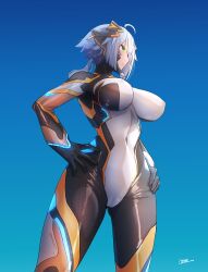 1girl absurdres artist_name black_bodysuit blue_hair bodysuit breasts cameltoe colossus_(natsukaze_shigure) covered_erect_nipples covered_navel green_eyes hands_on_own_hips highres large_breasts long_hair multicolored_bodysuit natsukaze_shigure original solo toned white_bodysuit