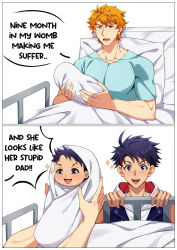Rule 34 | absurdres, ace anderson, baby, bryce callahan, highres, hospital gown, jock studio (blits games), male pregnancy, meme, non-web source, smile