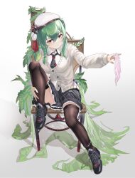 Rule 34 | 1girl, artist request, beret, black necktie, black skirt, black thighhighs, braid, breasts, cardigan, chair, closed mouth, collared shirt, commission, frilled skirt, frills, full body, green hair, hair between eyes, hat, highres, holding, holding panties, holding underwear, holding unworn clothes, huanxiang koudai meow, indie virtual youtuber, knee up, long hair, long sleeves, looking at viewer, miniskirt, necktie, panties, pink panties, plant, pleated skirt, red eyes, second-party source, shirt, shoes, simple background, sitting, skirt, smile, solo, thighhighs, underwear, unworn panties, very long hair, white background, white shirt