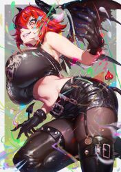 1girl absurdres black_gloves black_horns black_pantyhose black_skirt black_tail black_thighhighs black_wings border bracelet breasts commentary_request crop_top dragon_girl dragon_horns dragon_wings fang from_below gloves highres horns huge_breasts jewelry momoyama_tits navel orange_eyes pantyhose red_hair skirt solo spiked_belt spiked_bracelet spikes stomach teeth thighhighs virtual_youtuber vshojo white_border wings zentreya