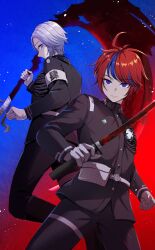 2boys ahoge aotsuki_eito armband black_pants black_shirt blue_background blue_eyes blue_hair closed_mouth glasses gloves highres holding holding_scythe holding_sword holding_weapon last_defense_academy_school_uniform long_sleeves looking_at_viewer looking_back male_focus messy_hair multicolored_eyes multicolored_hair multiple_boys pants parted_lips red_background red_eyes red_hair scythe shirt simple_background sumino_takumi sword the_hundred_line_-last_defense_academy- weapon white_gloves white_hair