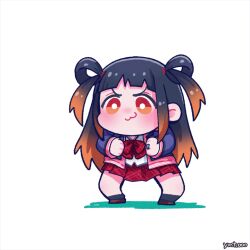 Rule 34 | &gt;:3, 1girl, :3, animated, animated gif, artist name, black hair, black socks, blazer, blue jacket, blunt bangs, bow, bowtie, brown shoes, chibi, clenched hands, closed mouth, full body, gradient hair, hair rings, inui yamato, jacket, jewelry, jumping, long sleeves, loose bowtie, magia record: mahou shoujo madoka magica gaiden, mahou shoujo madoka magica, miniskirt, multicolored hair, ooba juri, orange eyes, orange hair, plaid bow, plaid bowtie, plaid clothes, plaid skirt, pleated skirt, red bow, red bowtie, red skirt, ring, ryuugasaki academy school uniform, school uniform, shadow, shoes, short bangs, simple background, skirt, socks, solo, two-tone hair, v-shaped eyebrows, white background