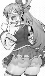 Rule 34 | 1girl, absurdres, aqua (konosuba), ass, detached sleeves, dress, greyscale, hair ornament, highres, huge ass, kono subarashii sekai ni shukufuku wo!, long hair, looking at viewer, looking back, lower teeth only, monochrome, niwarhythm, no panties, open mouth, short dress, simple background, solo, teeth, thick thighs, thighhighs, thighs, white background
