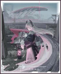 Rule 34 | 1girl, ammunition belt, arknights, black gloves, black jacket, cape, capelet, character name, cross scar, diffraction spikes, earrings, flying whale, gloves, grey eyes, harbor, head wings, highres, irene (arknights), jacket, jewelry, lantern, long hair, ocean, pink pupils, scabbard, scar, scar across eye, scar on face, scenery, sheath, sheathed, simple bird, skirt, solo, sword, user ufkn3832, weapon, whale, white capelet, white hair, white skirt, white sleeve cuffs, wings