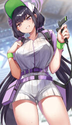 1girl backpack bag baseball_jersey beer_tap belt black_hair blue_archive blurry blurry_background breasts commentary_request cup_holder flower from_below halo highres jersey large_breasts looking_at_viewer low_twintails official_alternate_hairstyle purple_belt purple_eyes purple_flower purple_halo purple_scrunchie scrunchie shirt short_shorts shorts solo striped_clothes striped_shirt striped_shorts sumire_(blue_archive) sumire_(part-time)_(blue_archive) sweat thighs twintails vertical-striped_clothes vertical-striped_shirt vertical-striped_shorts white_shirt white_shorts wristband yu_ni_t