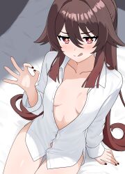 Rule 34 | 1girl, :q, absurdres, bed sheet, black nails, blush, breasts, brown hair, collarbone, dress shirt, flower-shaped pupils, genshin impact, hairclip (user rasc5457), handjob gesture, highres, hu tao (genshin impact), long hair, naked shirt, naughty face, on bed, open clothes, open shirt, red eyes, shirt, sitting, small breasts, solo, symbol-shaped pupils, thighs, tongue, tongue out, white shirt