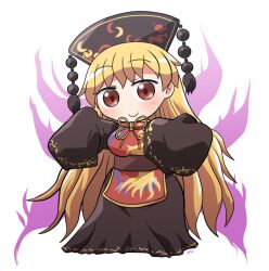 1girl belt black_dress black_hat black_sleeves blush brown_belt chinese_clothes closed_mouth commentary_request dress energy full_body hat junko_(touhou) long_hair long_sleeves looking_at_viewer orange_hair pom_pom_(clothes) red_eyes rokugou_daisuke signature simple_background sleeves_past_fingers sleeves_past_wrists smile solo standing touhou white_background