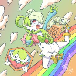 2girls arm_up artist_name asymmetrical_wings blue_gloves blush bob_cut bow-shaped_hair bracelet breasts bright_pupils buttons closed_eyes closed_mouth cloud colored_skin female_focus fingerless_gloves gardevoir gen_3_pokemon gloves gradient_sky green_hair green_skin hair_over_one_eye hair_rings hand_up happy high-waist_skirt highres jewelry long_hair looking_afar medium_breasts mega_gardevoir mega_pokemon midair multicolored_hair multicolored_skin multiple_girls nintendo one_eye_covered open_mouth orange_wings outdoors outstretched_arm pink_wings pokemon pokemon_(creature) rainbow red_eyes short_hair signature single_glove skirt sky smile solo_focus teeth two-tone_hair two-tone_skin u_u white_pupils white_skin white_skirt wings yumikchey