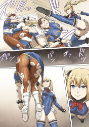 2girls ass breasts capcom catfight chun-li crossover dead_or_alive fighting highres humiliation large_breasts marie_rose multiple_girls peeing powt punching ryona stomach_punch street_fighter tagme wrestling