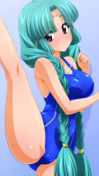 1girl absurdres bare_shoulders black_eyes blue_background blue_one-piece_swimsuit blush braid breasts canal_vorfeed competition_swimsuit covered_erect_nipples covered_navel facial_mark flexible forehead_mark highres large_breasts leg_lift leg_up long_hair looking_at_viewer lost_universe one-piece_swimsuit simple_background solo split standing standing_on_one_leg standing_split sugimura_tomokazu swimsuit twin_braids