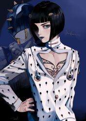 1boy absurdres black_hair blue_background blue_eyes blue_lips blunt_bangs bob_cut bruno_bucciarati chest_tattoo cleavage_cutout closed_mouth clothing_cutout collarbone eyelashes hand_on_own_hip highres jojo_no_kimyou_na_bouken long_sleeves looking_at_viewer male_focus maruino pectoral_cleavage pectorals shirt short_hair stand_(jojo) sticky_fingers_(stand) tattoo upper_body vento_aureo white_shirt
