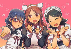 3girls black_hair blue_hair bow glasses inazuma_eleven_(series) kino_aki kokuro_(kosyari) long_hair maid maid_headdress multiple_girls otonashi_haruna raimon_natsumi red_eyes red_hair