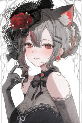 1girl animal_ears bare_shoulders black_dress black_gloves black_hat breasts cat_ears cat_girl chaerom dress elbow_gloves extra_ears flower gloves grey_hair hand_up hat hat_flower highres large_breasts looking_at_viewer multicolored_hair neneko_mashiro parted_lips red_eyes red_flower red_hair red_rose rose smile solo stellive streaked_hair upper_body virtual_youtuber