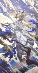 Rule 34 | 1girl, absurdres, arknights, blonde hair, blue eyes, blue hair, blush, closed mouth, dragon girl, dragon horns, dragon tail, dress, from side, hair between eyes, highres, horns, kieed, long hair, looking at viewer, multicolored hair, pointy ears, shu (arknights), sidelocks, smile, solo, tail, white dress, white hair
