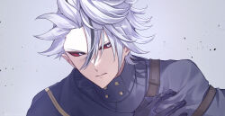 1boy 8ato3abure :| black_cloak black_gloves cloak closed_mouth colored_sclera gloves grey_background hair_between_eyes highres looking_to_the_side male_focus multicolored_hair official_alternate_costume portrait q_(tribe_nine) red_sclera short_hair simple_background solo spiked_hair streaked_hair tribe_nine v-shaped_eyebrows white_eyes white_hair