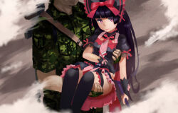 Rule 34 | 1boy, 1girl, black bow, black dress, black gloves, black hair, black thighhighs, blunt bangs, bow, bridal gauntlets, camouflage, camouflage pants, camouflage shirt, carrying, closed mouth, dksc (kevin120510645), dress, facial hair, fingerless gloves, gate - jieitai ka no chi nite kaku tatakaeri, gloves, grey gloves, hair bow, highres, holding, holding weapon, huge bow, long hair, looking at viewer, military uniform, pants, princess carry, purple eyes, rory mercury, shirt, short sleeves, smile, thighhighs, weapon