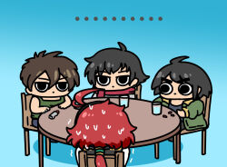Rule 34 | 1girl, 3boys, afei (sfma3248), angry, asticassia school uniform, black hair, black hairband, brown hair, chair, chibi, crossover, gundam, gundam 00, gundam suisei no majo, gundam tekketsu no orphans, gundam wing, hairband, heero yuy, jacker, low ponytail, mikazuki augus, multiple boys, nervous, ponytail, red hair, scarf, school uniform, setsuna f. seiei, shirt, shoulder boards, suletta mercury, sweatdrop, water