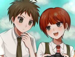 1boy 1girl :d ahoge black_eyes brown_hair camera collared_shirt danganronpa_(series) danganronpa_2:_goodbye_despair freckles frown green_necktie green_sky hinata_hajime holding holding_camera koizumi_mahiru kun_(oxx_kn_xxo) looking_at_another necktie open_mouth plaid_clothes plaid_necktie red_hair shirt short_sleeves sky smile white_shirt