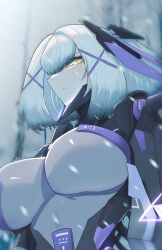 Rule 34 | 1girl, absurdres, bird hair ornament, breasts, chin guard, cyborg, grey hair, hair between eyes, hair ornament, headgear, highres, joints, kongbai huanxiang, large breasts, mecha musume, mechanical arms, mechabare, medium hair, punishing: gray raven, robot joints, rosetta (pgr), see-through body, x hair ornament