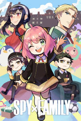 2boys 3girls ;d anya_(spy_x_family) ball becky_blackbell black_dress black_hair black_hat black_pants black_thighhighs blonde_hair brown_eyes brown_hair closed_mouth commentary copyright_name crossed_legs damian_desmond director_chimera_(spy_x_family) dress eden_academy_school_uniform gold_trim green_eyes hairpods hat highres long_sleeves looking_at_viewer medium_hair multiple_boys multiple_girls one_eye_closed open_mouth pants pink_hair pink_shorts red_eyes school_uniform shorts sidelocks sitting smile soccer_ball spy_x_family spyg standing standing_on_one_leg stuffed_animal stuffed_penguin stuffed_toy symbol-only_commentary teeth thighhighs twilight_(spy_x_family) upper_teeth_only waving yellow_eyes yor_briar