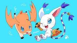 artist_name blue_background blue_eyes claws digimon digimon_(creature) highres looking_at_viewer no_humans one_eye_closed open_mouth patamon simple_background slayer_dramonz tail tailmon