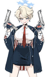 Rule 34 | 1girl, absurdres, american flag, american flag print, blonde hair, blue archive, blue coat, blue skirt, breasts, close-up, coat, commentary, cowboy shot, desert eagle, dishwasher1910, dual wielding, earrings, english text, flag print, gun, handgun, highres, holding, jewelry, large breasts, necktie, original, pentagon (shape), red necktie, simple background, skirt, solo, weapon