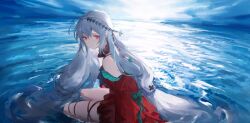 Rule 34 | 1girl, absurdres, arknights, closed mouth, commentary, detached sleeves, dress, expressionless, feet out of frame, grey hair, hair between eyes, hair ornament, highres, leg ribbon, long hair, looking at viewer, low-tied long hair, no headwear, official alternate costume, red dress, red eyes, ribbon, ripples, sitting, skadi (arknights), skadi the corrupting heart (arknights), solo, uyuu (hirameki), very long hair, water
