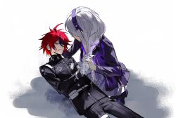 1boy 1girl ahoge armband binxngchng1 black_hairband black_jacket black_pants black_ribbon black_shoes black_skirt black_streaks blood blood_on_face bow_hairband braid closed_eyes gakuran grey_hair hairband hand_on_another&#039;s_head highres holding_hands interlocked_fingers jacket kirifuji_nozomi kneeling last_defense_academy_school_uniform light_smile long_hair looking_at_another multicolored_hair neck_ribbon pants red_hair ribbon school_uniform shoes short_hair skirt spoilers streaked_hair sumino_takumi the_hundred_line_-last_defense_academy- white_armband