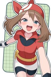 1girl absurdres bandana bike_shorts bike_shorts_under_shorts blue_eyes blush bow_hairband breasts brown_hair commentary_request fanny_pack gloves hairband hat highres looking_at_viewer may_(pokemon) medium_breasts nintendo odorukaminoke open_mouth pokemon pokemon_rse red_bandana red_hairband red_shirt shirt short_hair shorts shorts_under_shorts small_breasts smile solo
