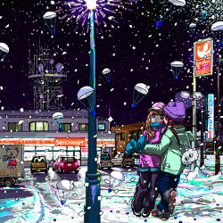 Rule 34 | 2girls, ace akira, baseball cap, beanie, blue jacket, braid, building, car, confetti, convenience store, freckles, full body, green eyes, green hoodie, hat, highres, hood, hoodie, hug, iridescent, jacket, jaggy lines, lamppost, motor vehicle, multicolored jacket, multiple girls, neon sign, night, orange hair, original, outdoors, pants, parachute, parking lot, purple jacket, purple pants, radio tower, red footwear, red hair, satellite dish, shop, snow, sweatpants, twin braids, two-tone footwear, two-tone jacket, winged hoodie