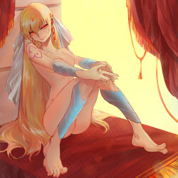 1girl blonde_hair breasts chinese_commentary commentary_request completely_nude convenient_censoring curtains earrings fate/grand_order fate_(series) full_body genderswap genderswap_(mtf) gilgamesh gilgamesh_(caster)_(fate) gilgamesh_(fate) headscarf jewelry knees_together_feet_apart long_hair medium_breasts no_nipples nude red_eyes shiba44469 shoulder_tattoo sitting smile solo tattoo very_long_hair