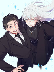 Rule 34 | 1boy, 1girl, angelica (project moon), black eyes, black gloves, black jacket, black necktie, black pants, black sweater, carrying, carrying person, gloves, highres, husband and wife, jacket, jewelry, jyanjyan, library of ruina, long hair, long sleeves, necklace, necktie, open mouth, pants, parted bangs, princess carry, project moon, reverse princess carry, ribbed sweater, roland (project moon), simple background, smile, sparkle, sweat, sweater, turtleneck, turtleneck sweater, very long hair, white background, white hair